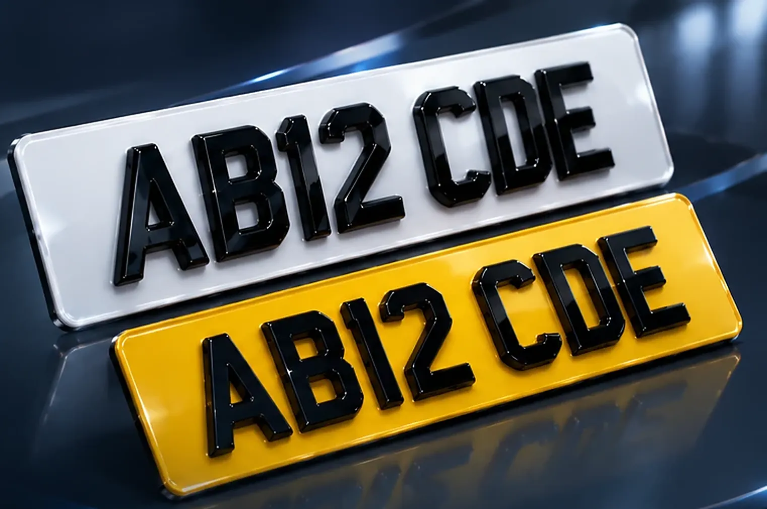 A white front and a yellow rear 3D gel number plate with raised, glossy black characters