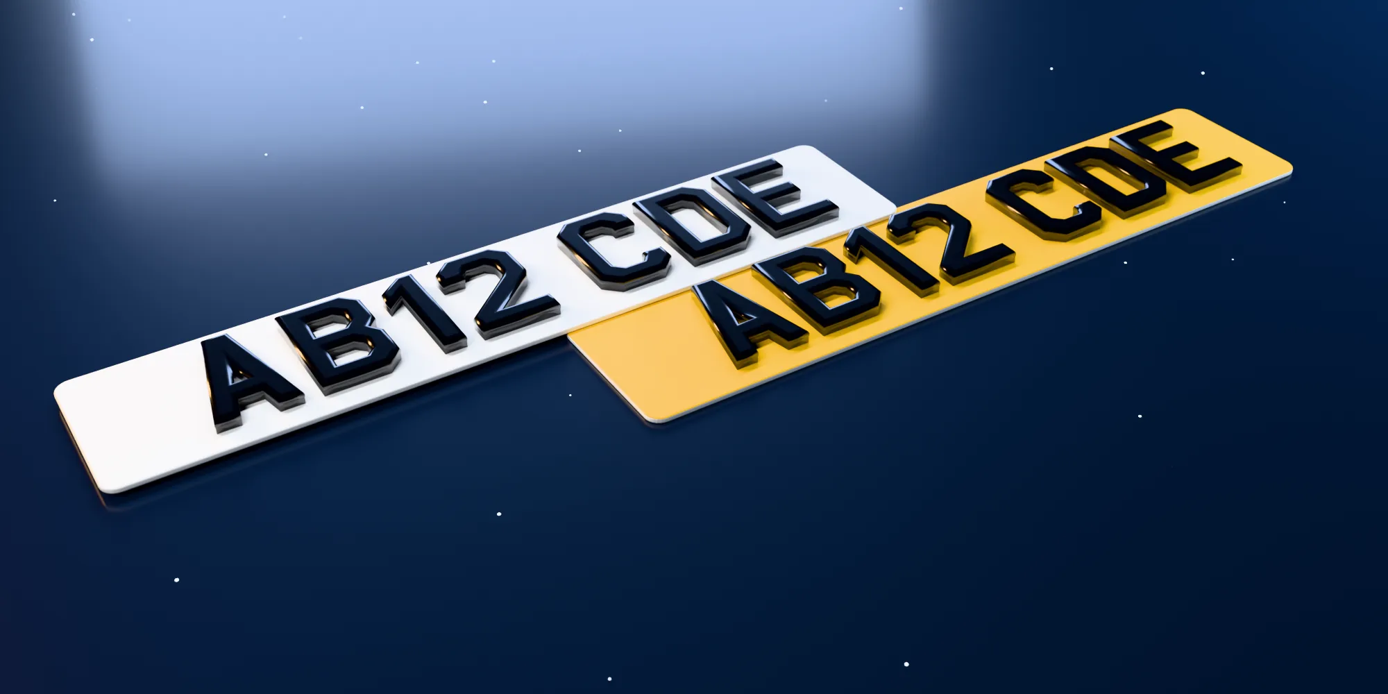 A white front and a yellow rear 5D number plate reading AB12 CDE, with laser-cut black acrylic characters under a glossy gel top