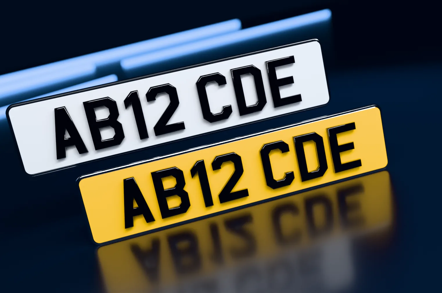 A white front and a yellow rear 5D number plate with laser-cut black acrylic characters under a glossy gel top