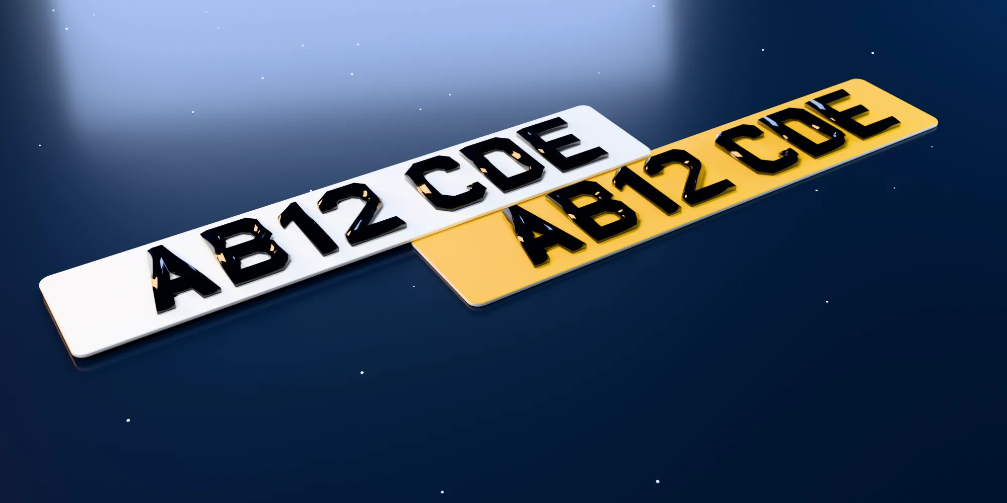 A white front and a yellow rear bevel number plate reading AB12 CDE, with black acrylic characters cut with an angled, faceted edge