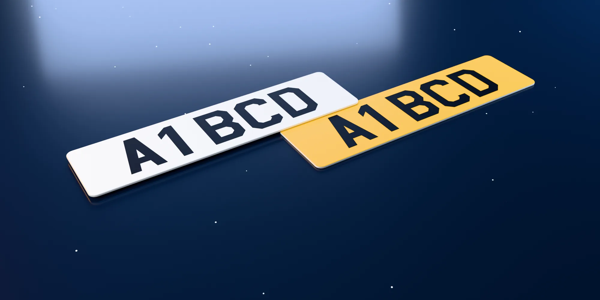 A white front and a yellow rear short number plate reading A1 BCD, with printed black characters