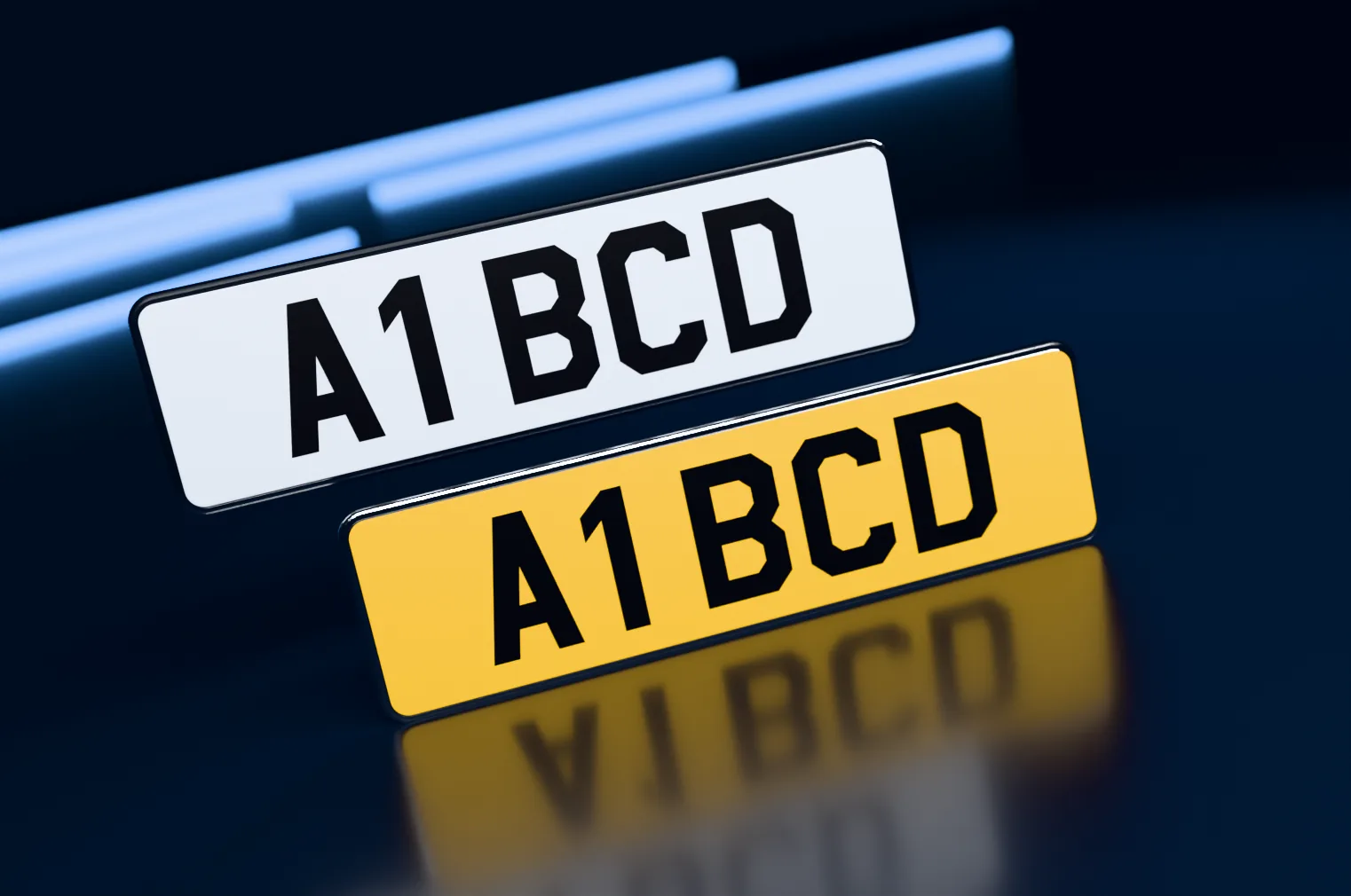 A white front and a yellow rear short number plate with printed black characters
